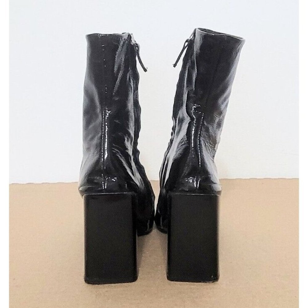 Topshop Black Patent Leather Boots Womens Size 38 Chunky Block Heel Retro - Picture 3 of 14